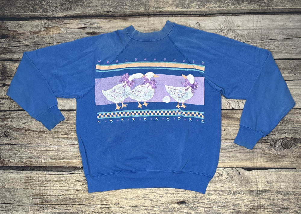 Vintage 80s 90s Geese Ducks Sweatshirt Graphic Ribbon Womens Medium Blue USA